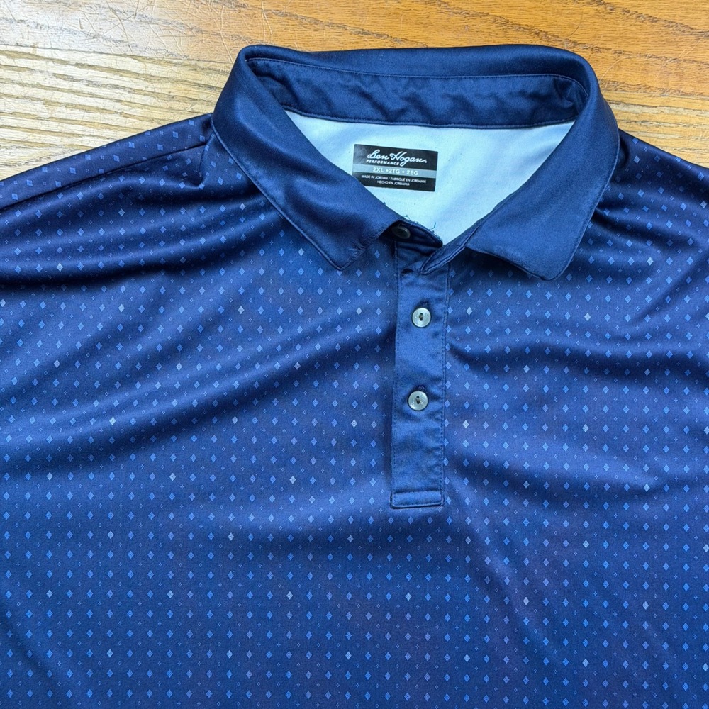 Ben Hogan Performance Golf Polo Shirt Mens 2XL Navy  Geometric Diamond Stretch‎